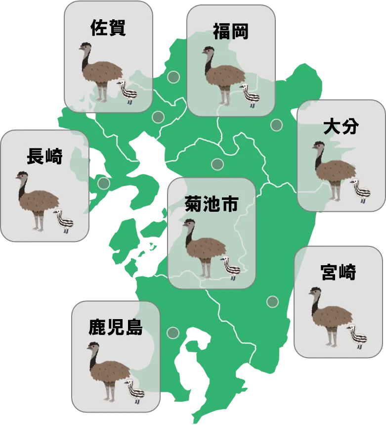 九州の地図。各地の予報がエミューになっている